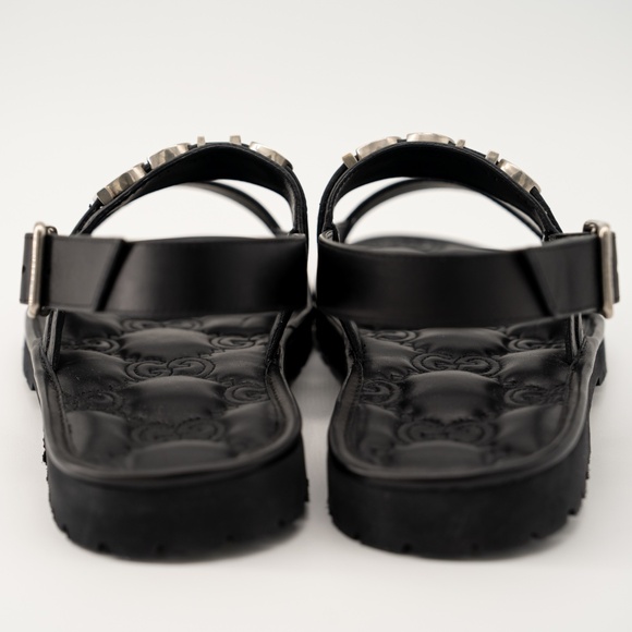 size 11G 11.5 US Gucci Leather Sandals Black Silver Logo Strap Buckle main image 9